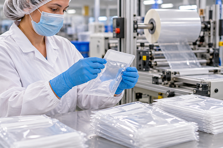 Team member inspecting a clear plastic medical pouch during manufacturing