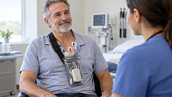 Patient wearing a telemetry monitor inside a clear plastic medical pouch during a clinical consultation
