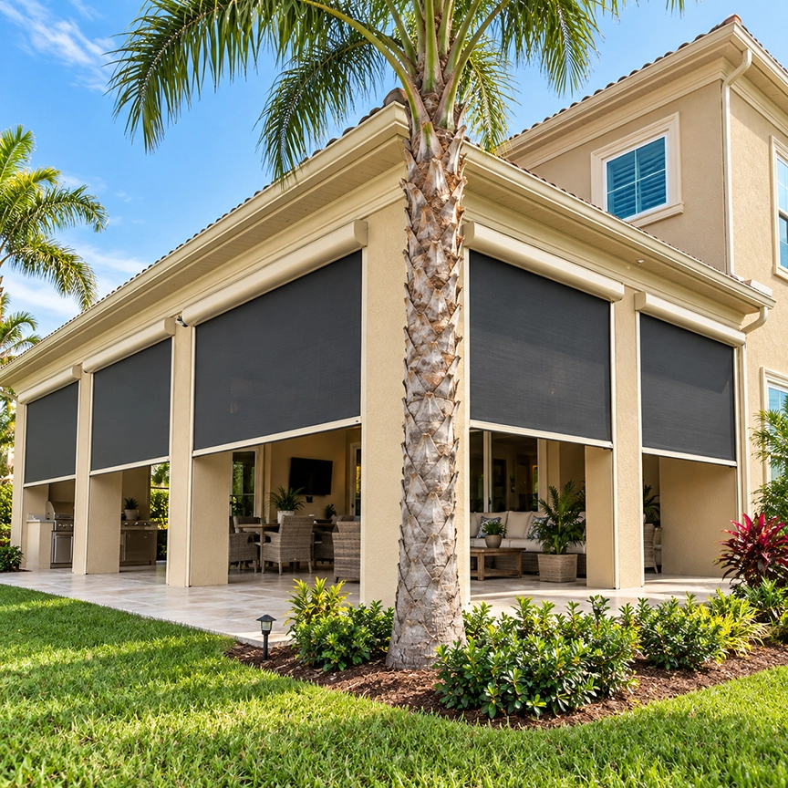 Exterior roller shades installed around a covered residential patio