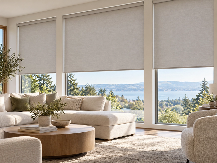Large interior roller shades installed across tall residential windows